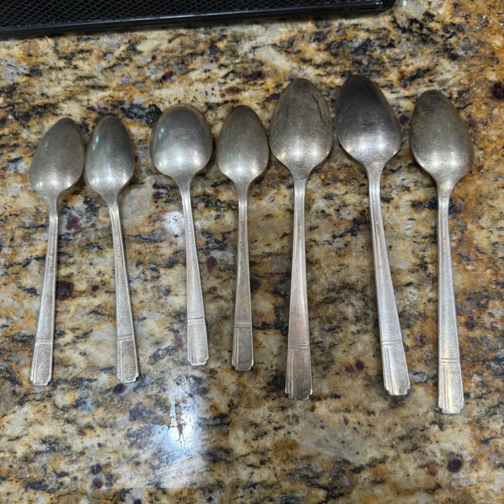 Vintage Simeon L & George H Rogers Silver Plate Spoons Set of 7 Art Deco Floral